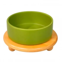 Миска Mr.Kranch Bamboo для кошек керамическая зеленая на бамбуковой подставке, 850 мл (арт.-3691)