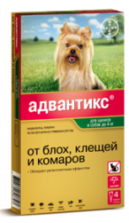 Адвантикс "Advantix" капли на холку для собак массой до 4 кг (цена за 1 пипетку х 0,4 мл)